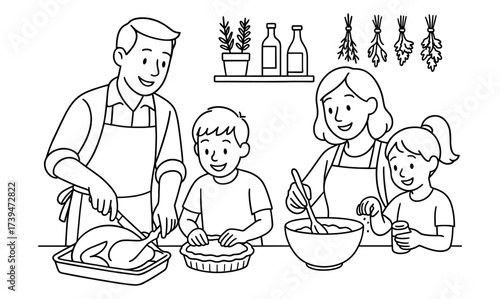 Family cooking together in kitchen for thanksgiving celebration