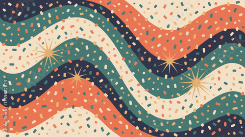 Retro wavy pattern with confetti and stars in shades of orange green beige and navy blue design style