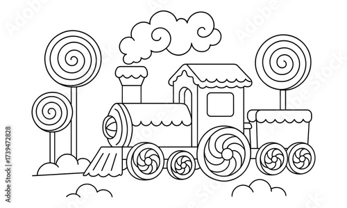 Whimsical train with lollipop wheels and tree scenery in black and white outline
