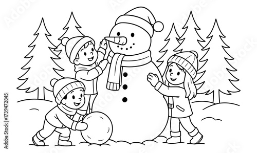 Joyful winter fun with snowman and kids in black and white cartoon style