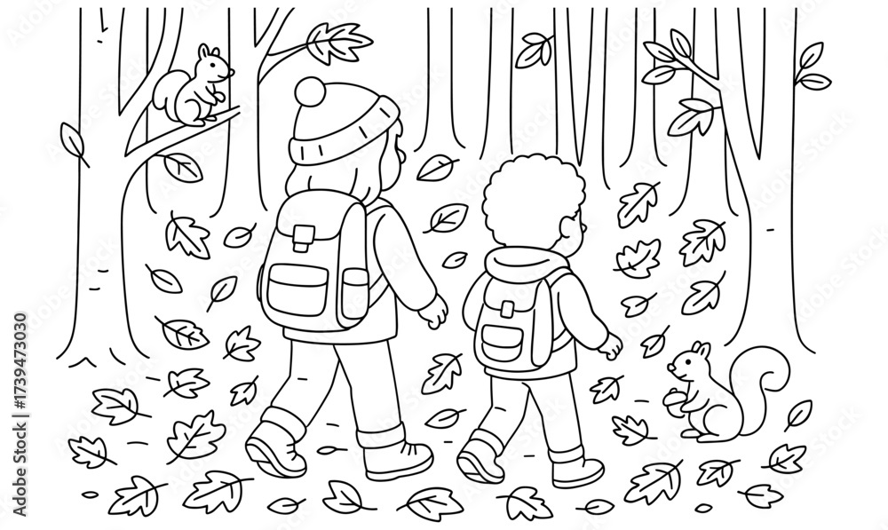 Obraz premium Children walking in autumn forest line art with squirrels and falling leaves