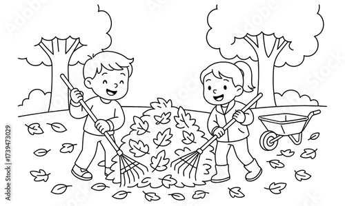 Children raking leaves in autumn park coloring page for kids
