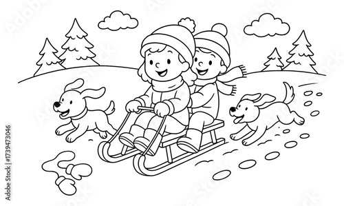 Children sledding with dogs in winter scene coloring page