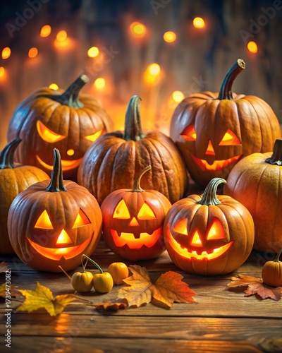 Creepy halloween pumpkins carved glowing jack o lantern faces vertical 4x5 festive background suitable for advertising templates posters social networks marketing campaigns with logo or text