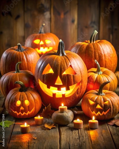 Vertical halloween background with scary pumpkins jack o lantern lights carved faces festive atmosphere 4x5 template for advertising commercial graphics social networks branding with text area