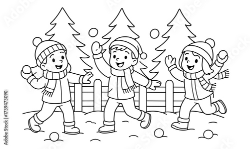 Festive kids playing in snowy winter landscape with pine trees and fences