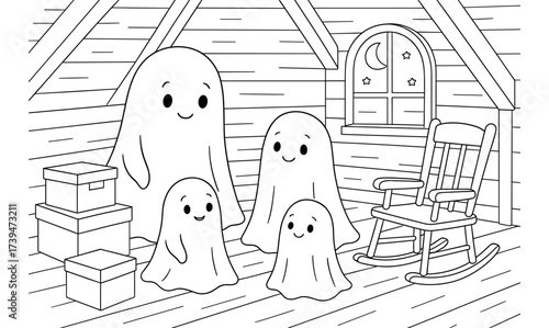 Adorable ghost family in cozy attic on a moonlit night coloring page