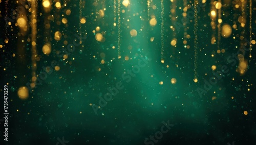 Emerald background with golden bokeh lights falling from above, creating a festive atmosphere