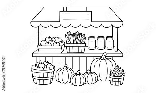 Black and white farmer's market stand with produce and jars
