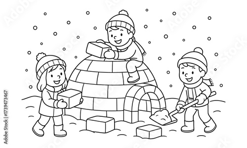 Kids building igloo in snowy winter scene with smiling faces