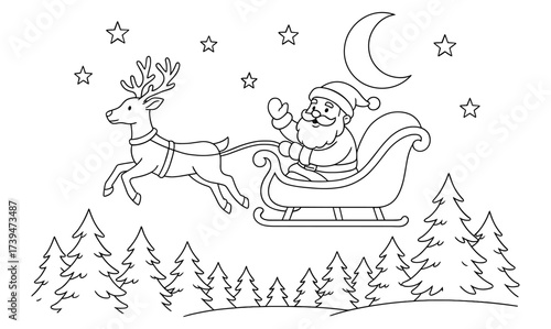 Whimsical santa and reindeer in sleigh journeying through a starry night