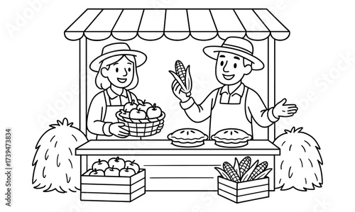 Farm stand line art featuring farmers selling fresh produce