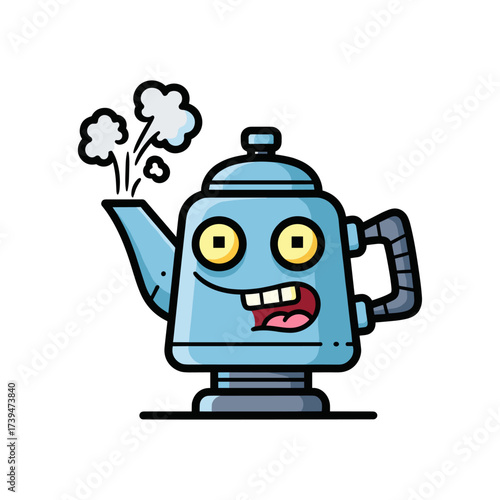 Funny Cartoon Robot Teapot Character with Steam.