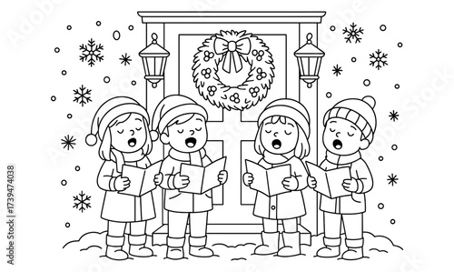 Charming holiday carolers singing in winter wonderland coloring page