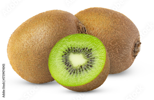 Two ripe whole green kiwis fruits and half of kiwi fruit isolated.