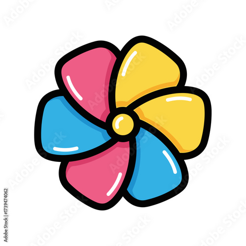 Colorful Pinwheel Toy with Petal Shapes and Black Outline.