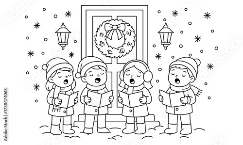 Festive holiday scene with children caroling in the snow