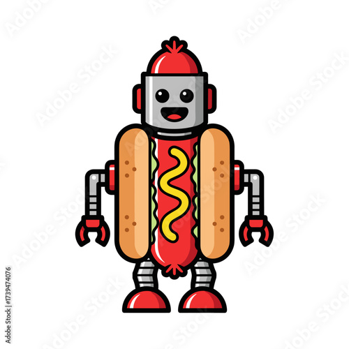 Cute Hot Dog Robot Character with Mustard and Ketchup.