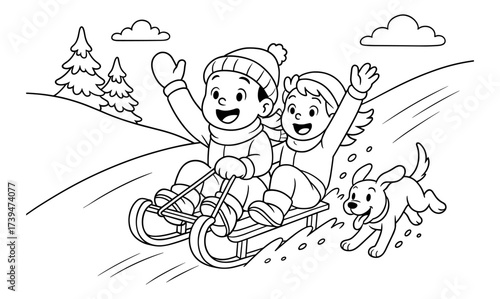 Joyful winter sledding adventure with friends and dog in snowy landscape