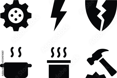 Variety of industrial and kitchen tools and symbols representing destruction