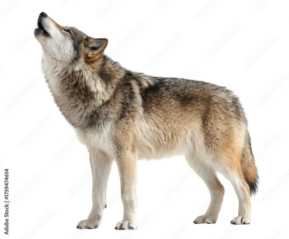 Fototapeta premium Wolf howling at the sky isolated on transparent background
