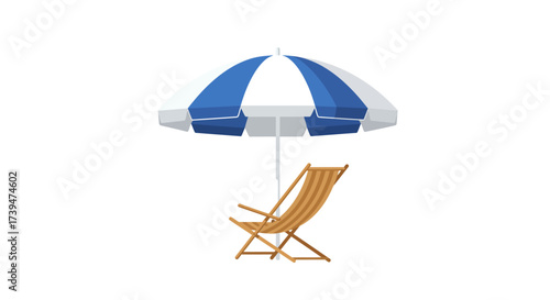 A beach scene with a striped lounge chair under a blue and white striped beach umbrella