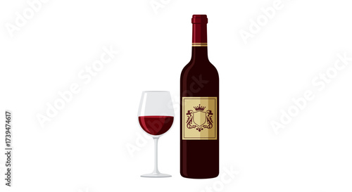 A bottle of red wine stands next to a glass partially filled with red wine