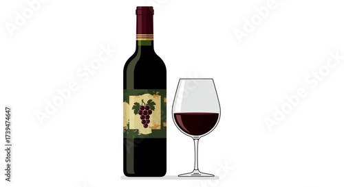 A bottle of red wine sits next to a wine glass filled with red wine