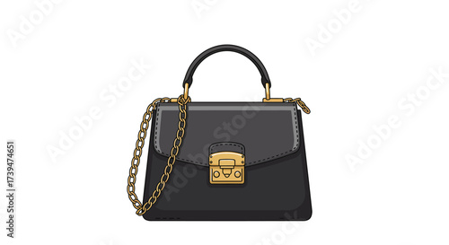 A black handbag with a gold chain strap and a gold clasp on a white background