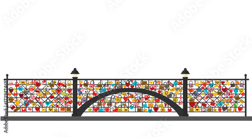 A bridge railing covered in colorful padlocks including heart shapes creating a vibrant display of love and memories