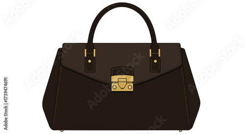 A brown handbag with a top handle and gold accents is centered on a white background