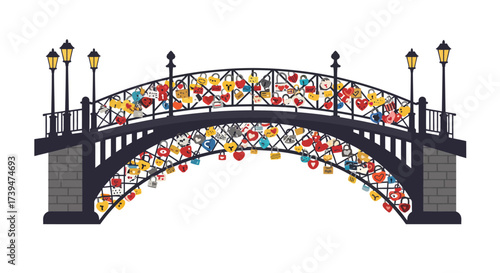 A bridge with love locks adorned with colorful padlocks on its railings and topped with antiquestyle streetlights