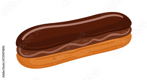 A chocolate éclair with a glossy chocolate glaze on top