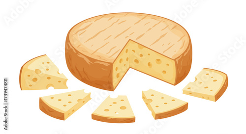 A cheese wheel with a slice removed surrounded by loose eaten slices