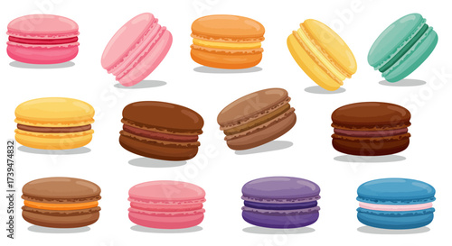 A collection of colorful macarons arranged in a grid pattern on a white background