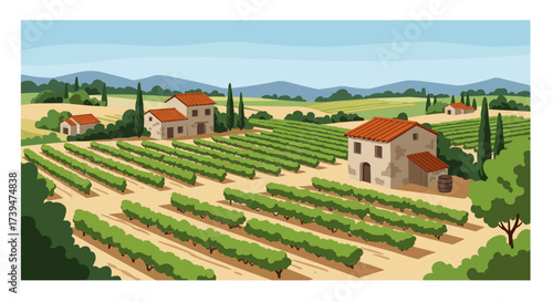 A countryside scene shows rows of vineyard houses distant hills and a clear sky