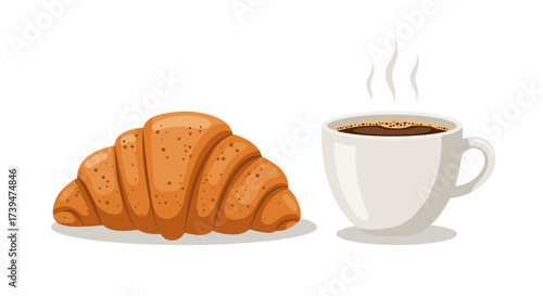 A croissant beside a steaming white mug of black coffee set against a clean white backdrop