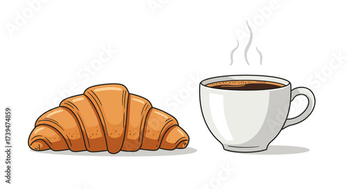 A croissant sits beside a steaming white coffee mug on a white background