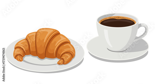 A croissant on a plate beside a cup of coffee on a saucer against a white background