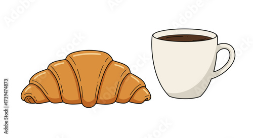 A croissant sits beside a mug filled with dark liquid likely coffee or tea