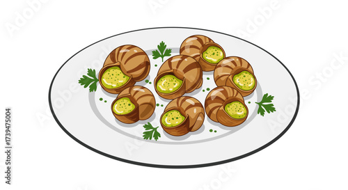 A plate of seven escargots topped with green filling and garnished with parsley