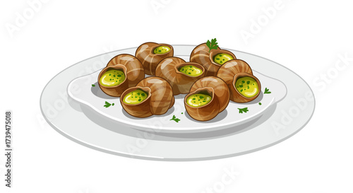 A plate with brown cooked snails topped with green herb butter