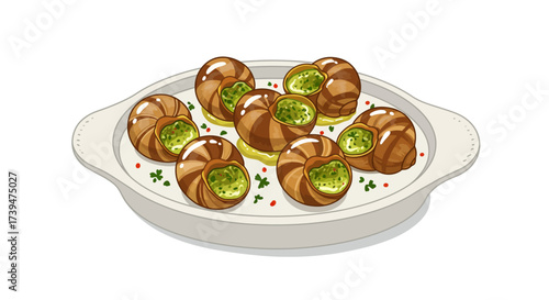 A platter displays 7 escargots each shell filled with a green mixture Garnished with herbs and red specks