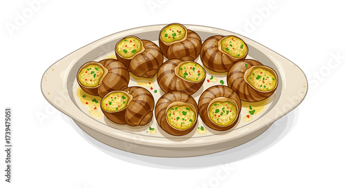 A platter with escargots filled with a herb mixture served in garlic butter