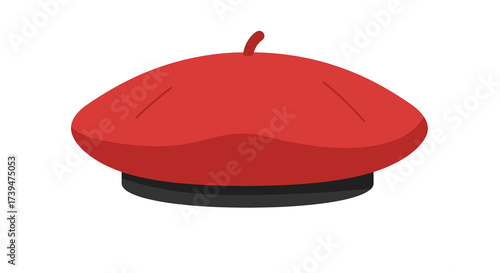 A red beret with a black band and a small stalk on top presented on a white background