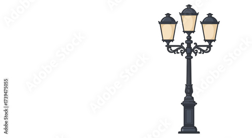 A pixel artstyle street lamp with three lit bulbs standing tall with a dark metal frame and decorative design