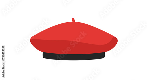 A red beret with a small topknot resting on a dark gray band