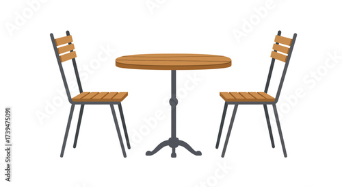 A round wooden table stands between two woodenslatted chairs with dark grey metal frames all on a white background