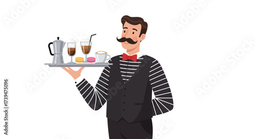 A server with a mustache holds a tray of drinks and desserts in a striped shirt and bowtie