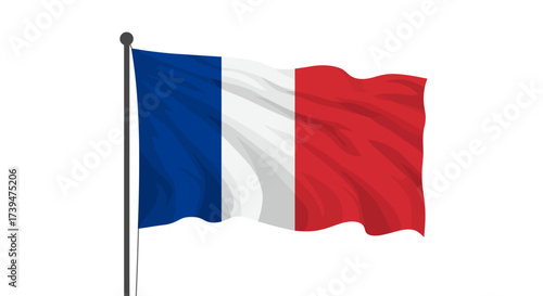 A waving French flag with vertical blue white and red stripes on a flagpole
